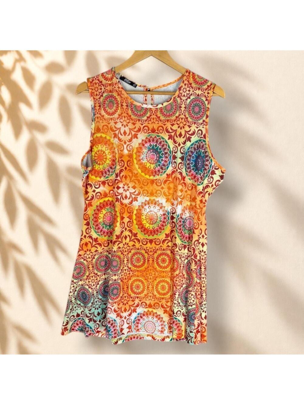 Lily Mini Dress Women XL Orange Geometric Short Sleeveless Hook & Eye Casual